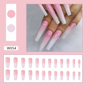Pink gradient long ballerina press-on nails with silver rhinestones and 24 pieces set