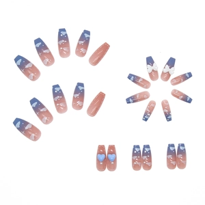 Blue and pink gradient press-on nails with 3D bows, hearts and pearl embellishments