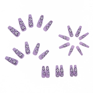 Purple matte ballet press on nails with elegant black and white butterfly patterns