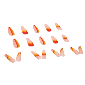 Long coffin fake nails with retro red and yellow geometric wavy lines on nude base