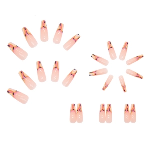 Long coffin press-on nails with pink gradient and abstract orange wavy art patterns