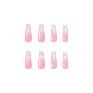 Pink gradient ombré long coffin press-on nails with shiny pearls and rhinestones