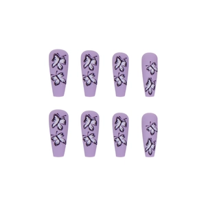 Long coffin lavender press-on nails featuring elegant black and white butterfly patterns
