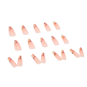 Long ballerina press-on nails with nude pink base and colorful abstract marble patterns