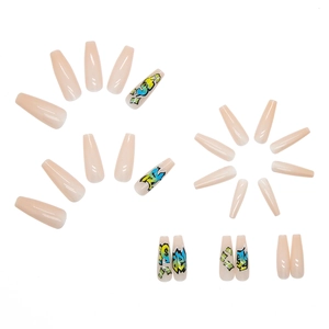 Punk graffiti press-on nails in long coffin shape with colorful dollar sign street art