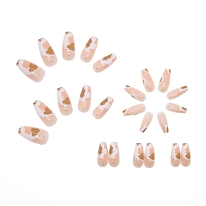 Set of 24 long coffin fake nails featuring brown cow print and nude pink marble designs