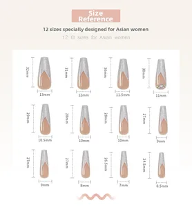 Size chart showing 12 sizes of long ballerina press-on nails with silver glitter details