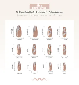 Detailed size chart for Japanese style long press-on nails with 12 size measurements
