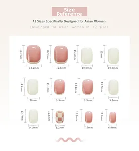 Detailed size chart for pink checkerboard press-on nails with twelve different fit options