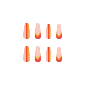 Long matte coffin press-on nails with pink base and red orange geometric line patterns