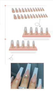 Macro view of long coffin press-on nails with white glitter French V-tip and rhinestone detail
