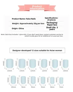 Size chart showing 12 dimensions of French press-on nails with heights and widths in mm