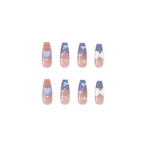 Blue and pink gradient press-on nails with 3D bows, hearts and pearl charms