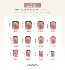 Size chart showing 12 dimensions of red French press-on nails for Asian women