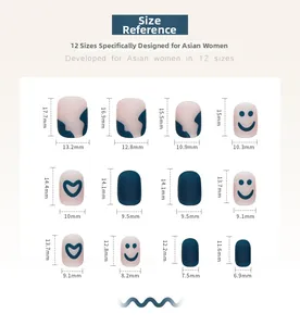 Detailed size chart for matte blue and nude pink press-on nails with 12 specific dimensions