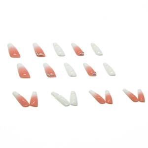 White and pink ombre ballerina false nails with colorful rhinestone accents, 18 pieces set