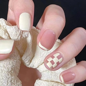 Press On Nails Short Pink Checkerboard French Style Glossy Removable False Nails For Women Daily Manicure