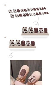 Faux ongles courts carrés avec imprimé léopard marron et décorations de nœud 3D