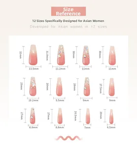 Tableau de tailles détaillé montrant 12 dimensions pour faux ongles dégradés avec strass