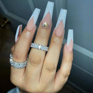 Long Coffin Press On Nails Glitter French V-Tip Nude Pink Ballerina Fake Nails With Rhinestones Elegant Manicure