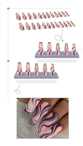 Long coffin-style press-on nails with purple and blue fluid swirl pattern set of 24