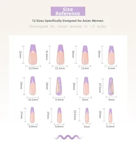 Size chart showing 12 sizes of long French heart press-on nails with pearl and rhinestone