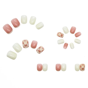 Short pink checkerboard and solid nude press-on nail kit with glossy finish