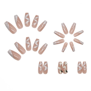 Long coffin press-on nails with silver glitter, white pearls and gold butterfly charms