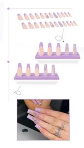 Detail of lavender French tip long coffin press-on nails with S-shaped rhinestone patterns