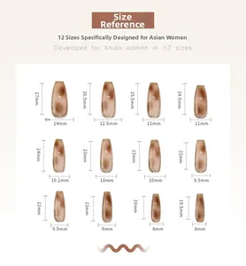 Detailed size guide for amber press-on nails showing 12 sizes with length and width dimensions