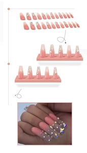 Vue détaillée des ongles press-on cercueil dégradé rose avec papillons et strass brillants