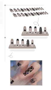 Detailed grid of 24 black heart and checkerboard long trapezoid press-on nail tips