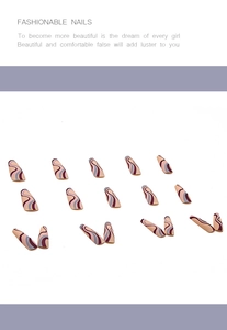 Close-up of long coffin fake nails with purple and blue wave patterns on pink base