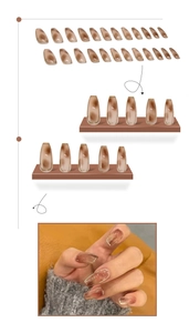 Detailed view of amber tortoise nail tips with gold outlines and size layout