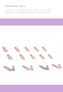 Macro view of French tip press-on nails in nude pink and purple with diamond accents