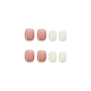 Short square pink checkerboard press-on nails with glossy jelly finish and French style