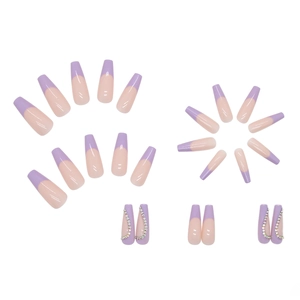 Light purple French coffin press-on nails with silver rhinestones on a white background