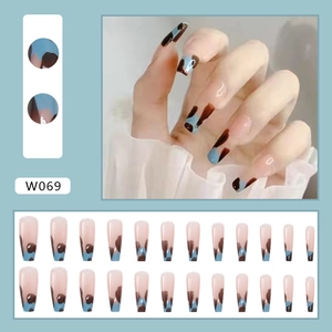 Detailed set of 24 pieces of coffin press-on nails with abstract blue and brown patterns