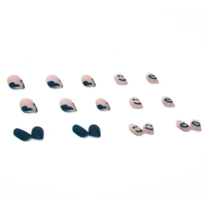 Matte dark blue press-on nails set with hand-painted heart and smiley face designs