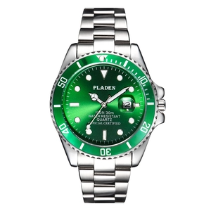 Mens stainless steel quartz watch featuring a sunburst green dial and rotating bezel