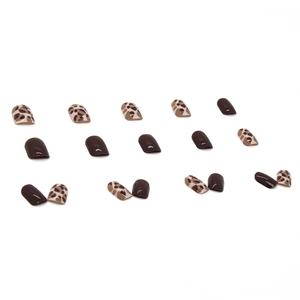 Unghie finte corte quadrate con stampa leopardata e marrone cioccolato lucido