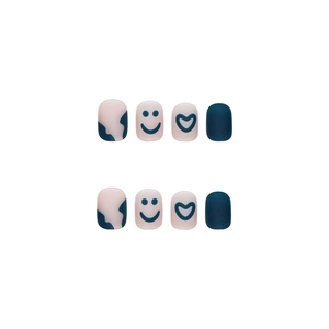 Matte blue and beige press-on nails set with heart and smiley face designs
