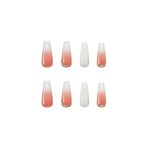 Pink and white gradient coffin press-on nails with delicate rhinestone accents