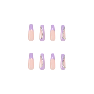 Long coffin press-on nails with lilac French tips and rainbow rhinestones on pink base