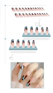 Macro detail of long ballet nails with blue and brown marble cow print pattern set