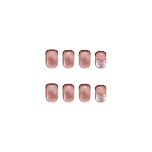 Pink French press-on nails with 3D aurora bows and glossy finish, square round shape