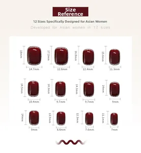 Detailed size guide chart showing 12 different widths for burgundy glitter press-on nails