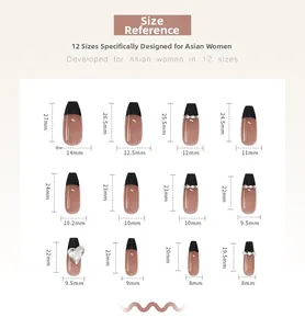 Size guide for black French press-on nails with 12 sizing options from 19.5mm to 27mm