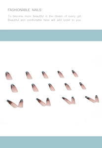 Detailed set of almond press-on nails with nude base and blue-brown gradient tips