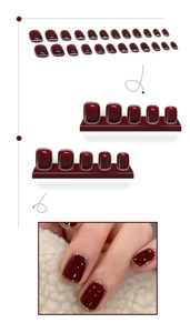 Short square press-on nails in burgundy with silver glitter gradient on the edges